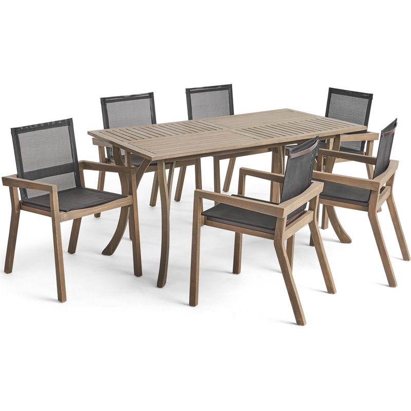 Noble House Shanter 7 Piece Wooden Patio Dining Set in Gray and Black