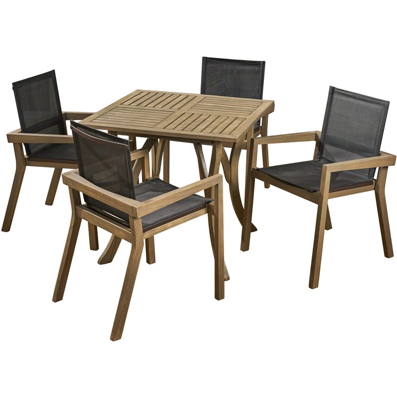 Noble House Chaucer 5 Piece Wooden Square Patio Dining Set in Gray and Black