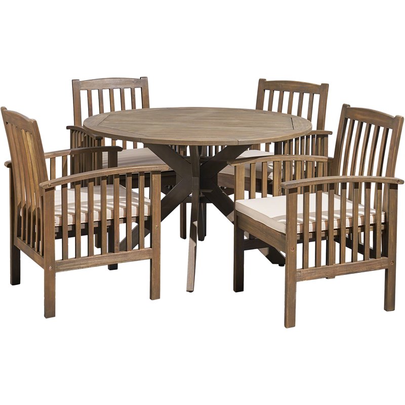 Noble House Casa 5 Piece Wooden Round Patio Dining Set in Gray and