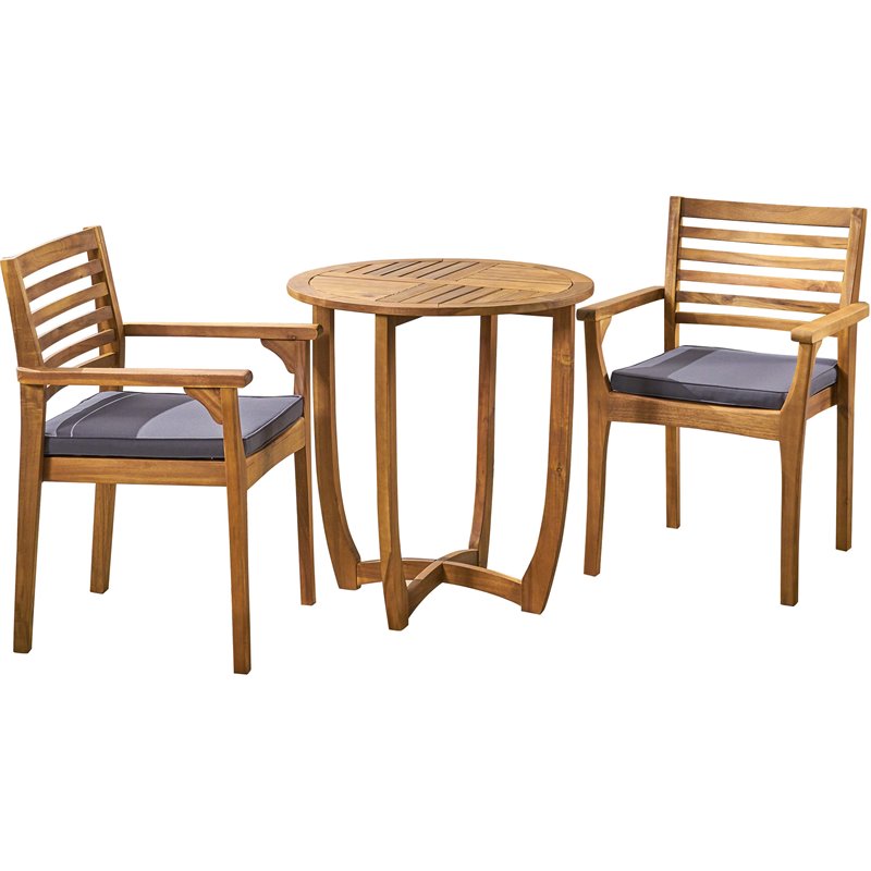 Noble House Casa 3 Piece Wooden Round Patio Dining Set in Teak and Gray