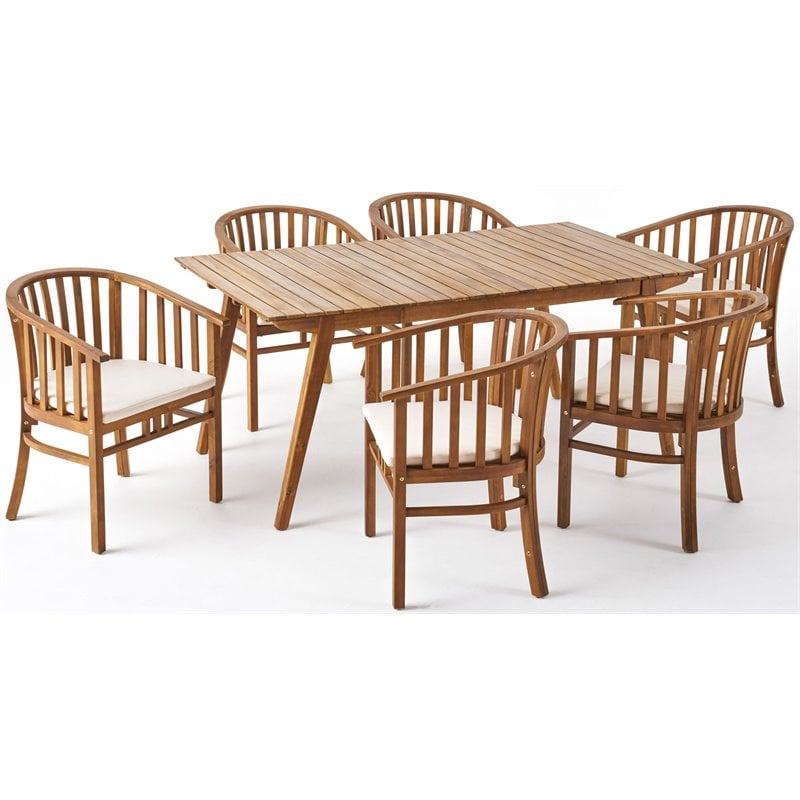 Noble House Alondra 7 Piece Wooden Patio Dining Set in Teak and Cream