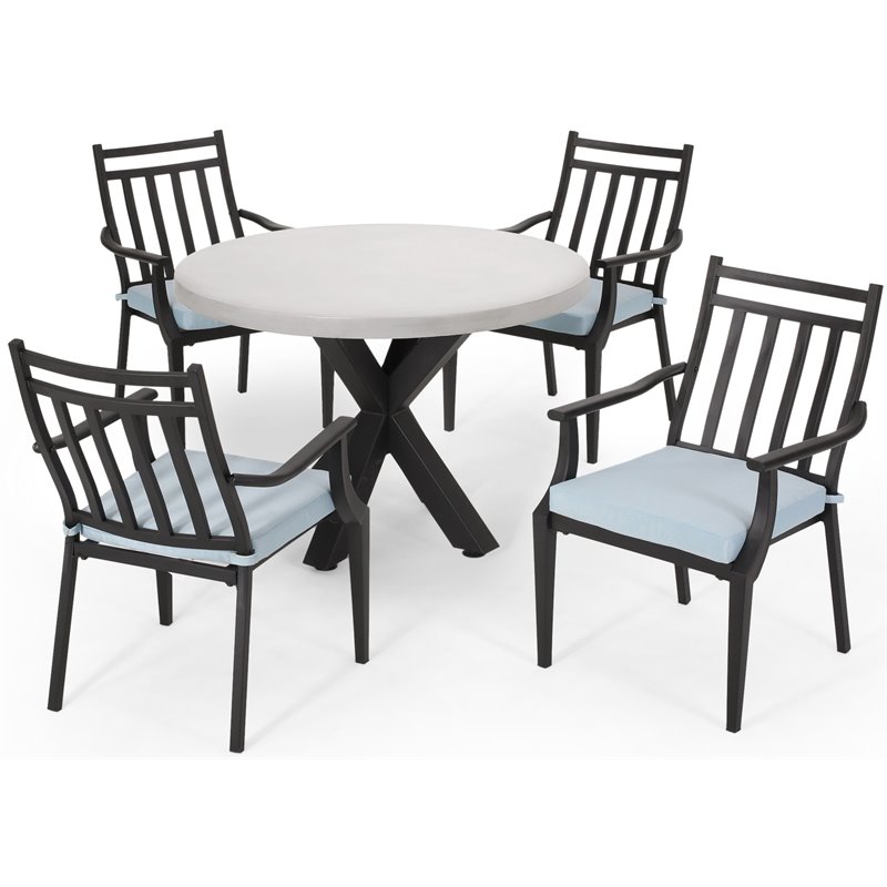 Noble House Delmar 5 Piece Round Concrete Top Patio Dining Set in Gray and Teal