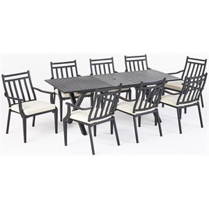 noble house delmar 9 piece wooden expandable patio dining set in black and beige