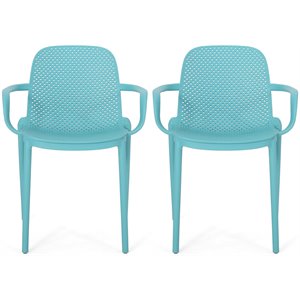 noble house gardenia plastic stacking patio dining arm chair in teal (set of 2)