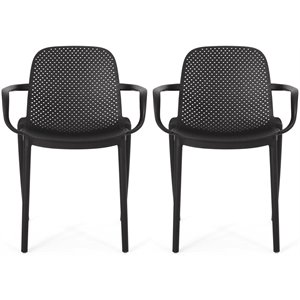noble house gardenia plastic stacking patio dining arm chair in black (set of 2)