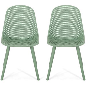noble house posey plastic patio dining chair in green (set of 2)
