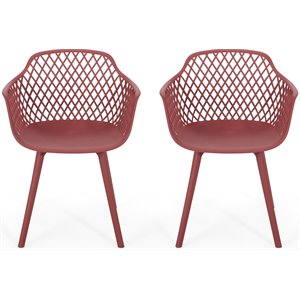 noble house poppy plastic patio dining arm chair in red (set of 2)