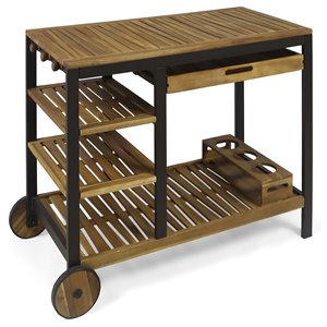noble house admirals acacia wood and iron bar cart with drawers in oak finish