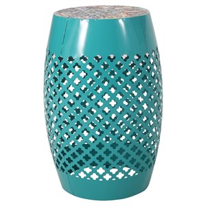 noble house roswell outdoor lace cut metal side table with tile top in blue