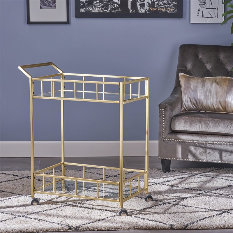 Noble House Falon Modern Iron and Glass Indoor Bar Cart in Gold