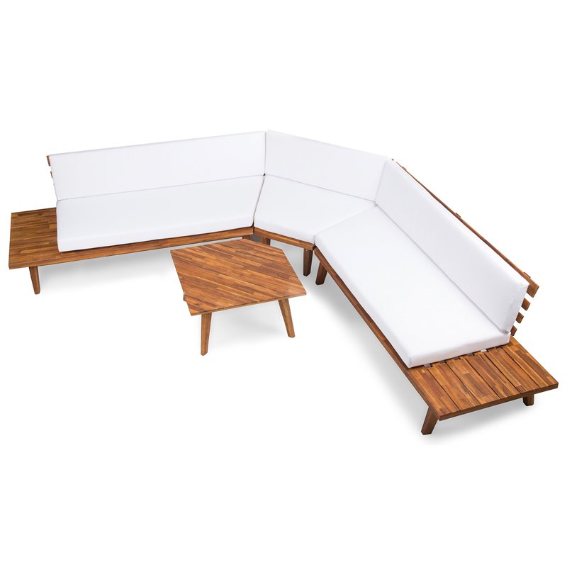 Noble House Hillcrest 4piece VShaped Wood Outdoor Sectional Sofa Set