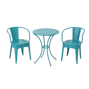 noble house lourdes 3-piece outdoor metal  bistro set in matte teal blue