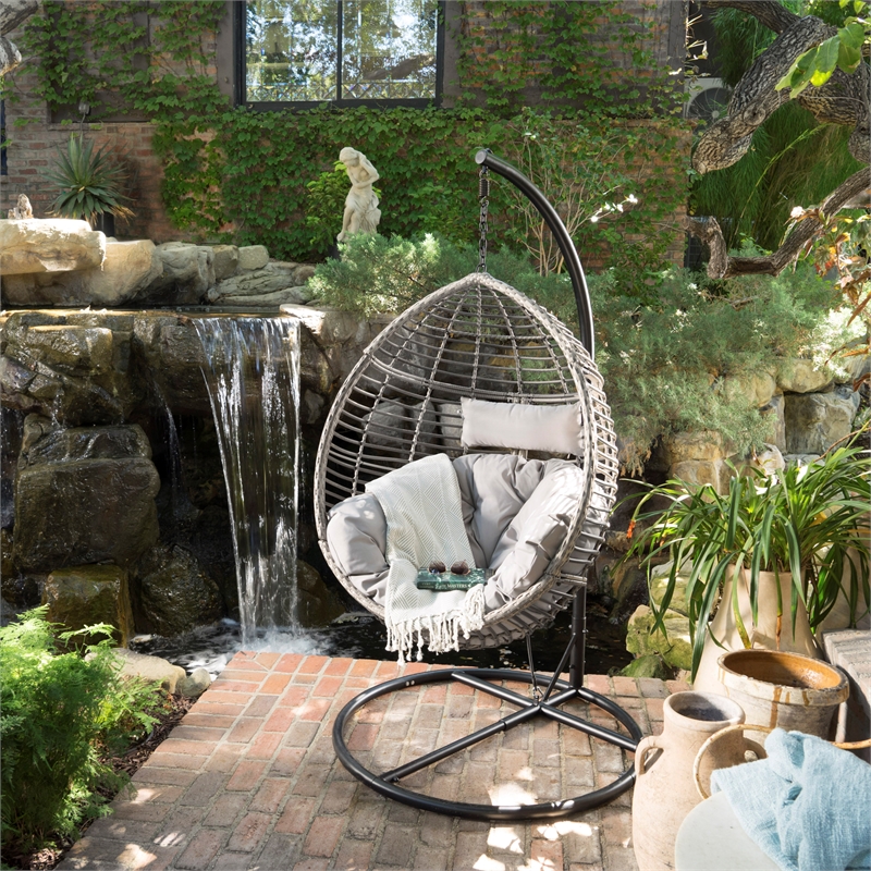 Noble House Layla Outdoor Wicker Hanging Basket Chair with Cushion in Black Gray