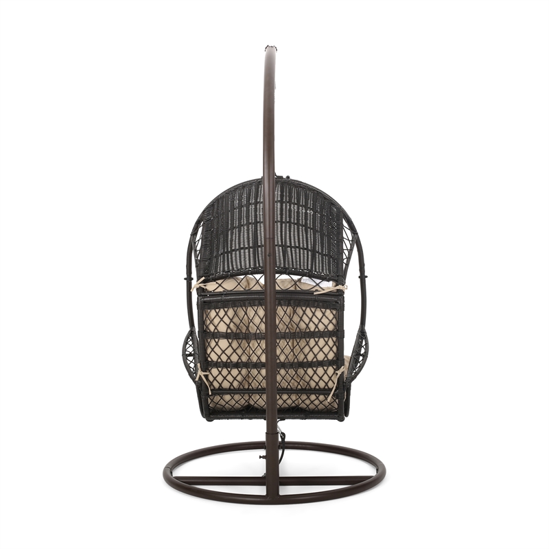 Noble House Malia Wicker Hanging Chair with Stand in Brown and Tan