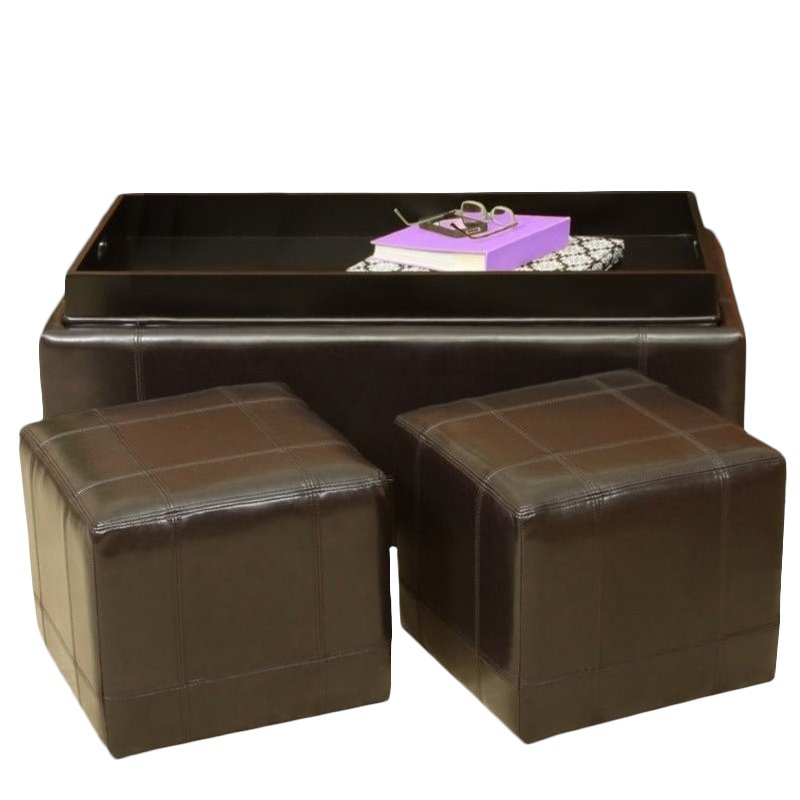 Noble House Jordan Leather Nested Ottomans in Deep Espresso Brown