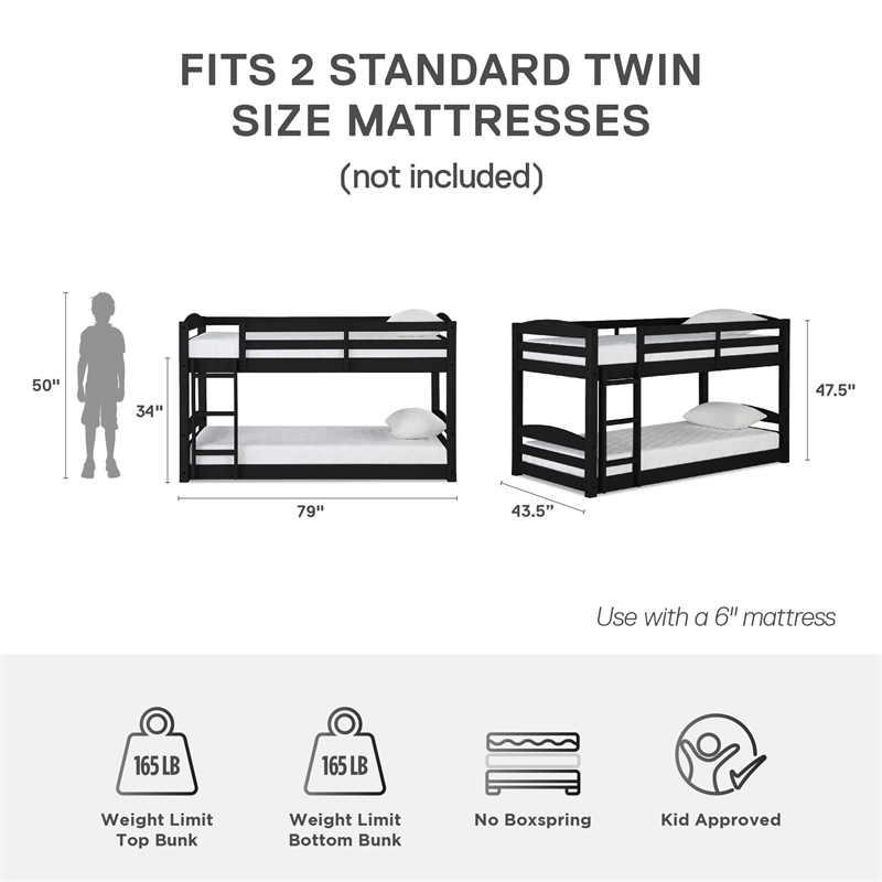 Dorel Living Sierra Twin Floor Bunk Bed in Gray
