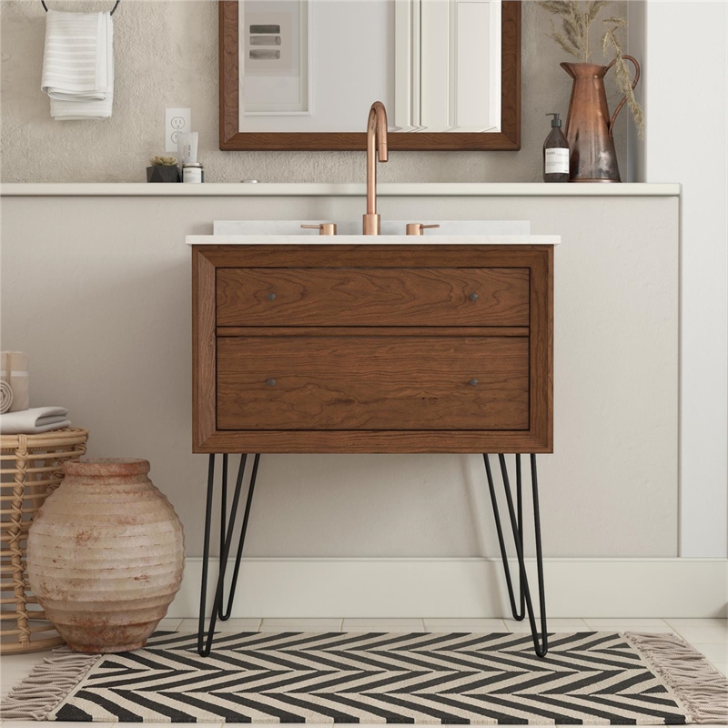 CosmoLiving Leona 36” Bathroom Vanity, Navy with Gold Metal 