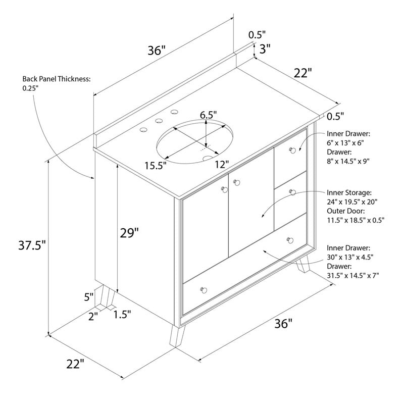 Dorel Living Bleeker 36 Inch Bathroom Vanity with Sink in White