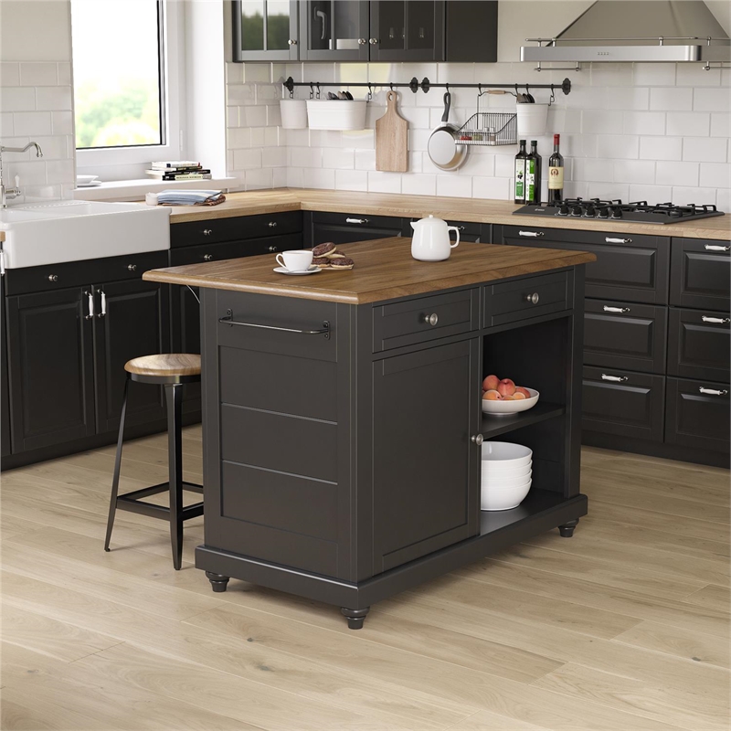 Dorel Living Kelsey Kitchen Island with 2 Stools and Drawers in Black