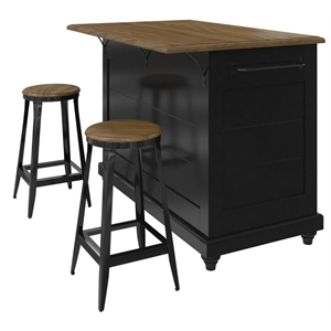 Dorel Living Kelsey Kitchen Island with 2 Stools and Drawers in Black