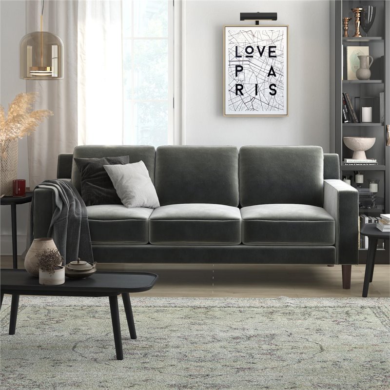 DHP Brynn 3 Seater Living Room Upholstered Sofa in Gray Velvet