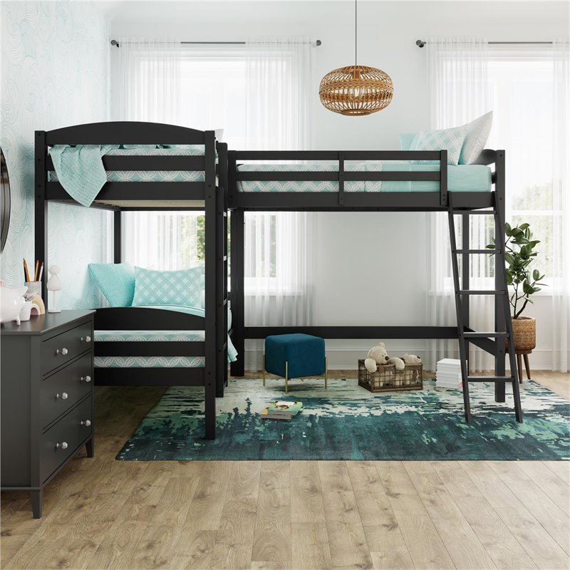 Dorel Living Clearwater Triple Wood Bunk Bed Twin with Underbed Storage in Black