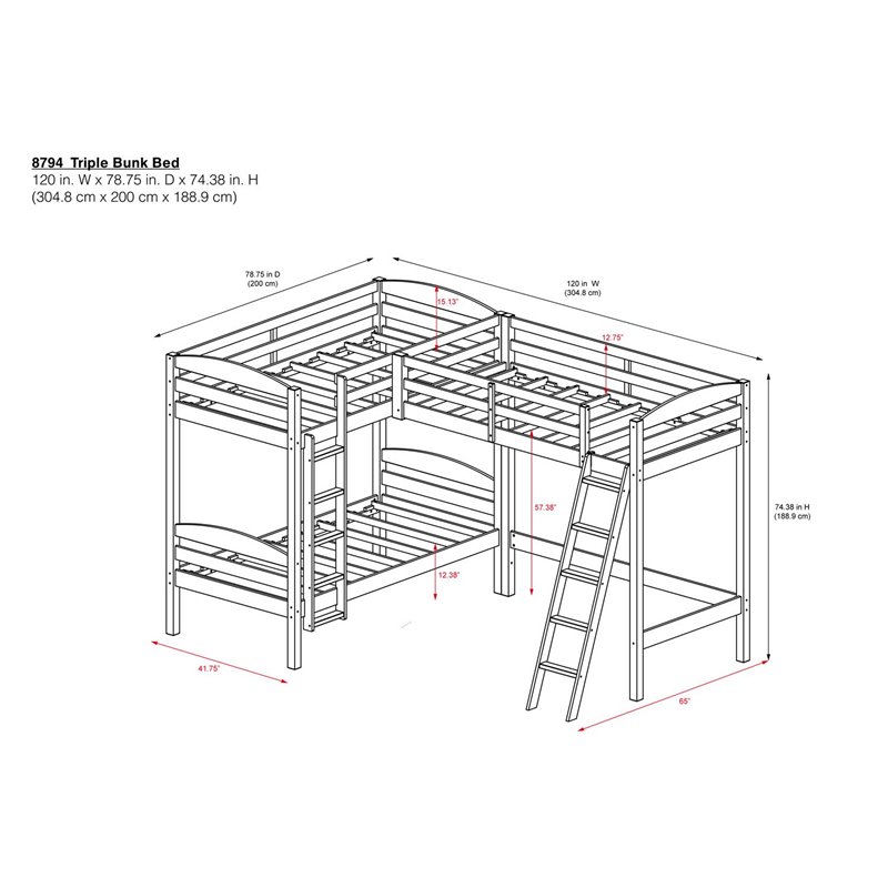 Dorel Living Clearwater Wood Triple Twin Bunk Bed in Gray