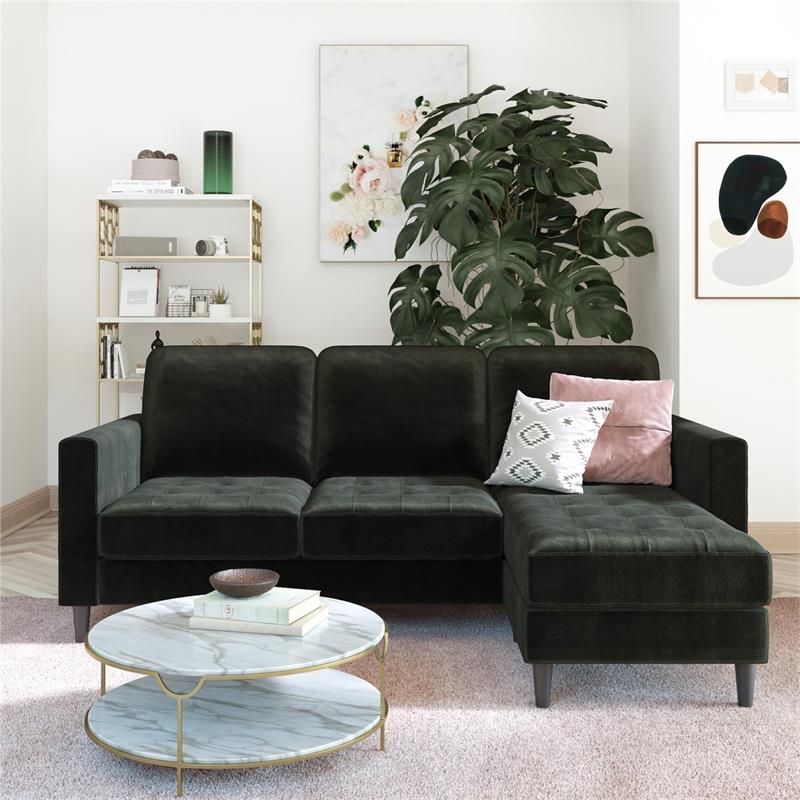 CosmoLiving Strummer Reversible Sectional Sofa Couch in Black Velvet