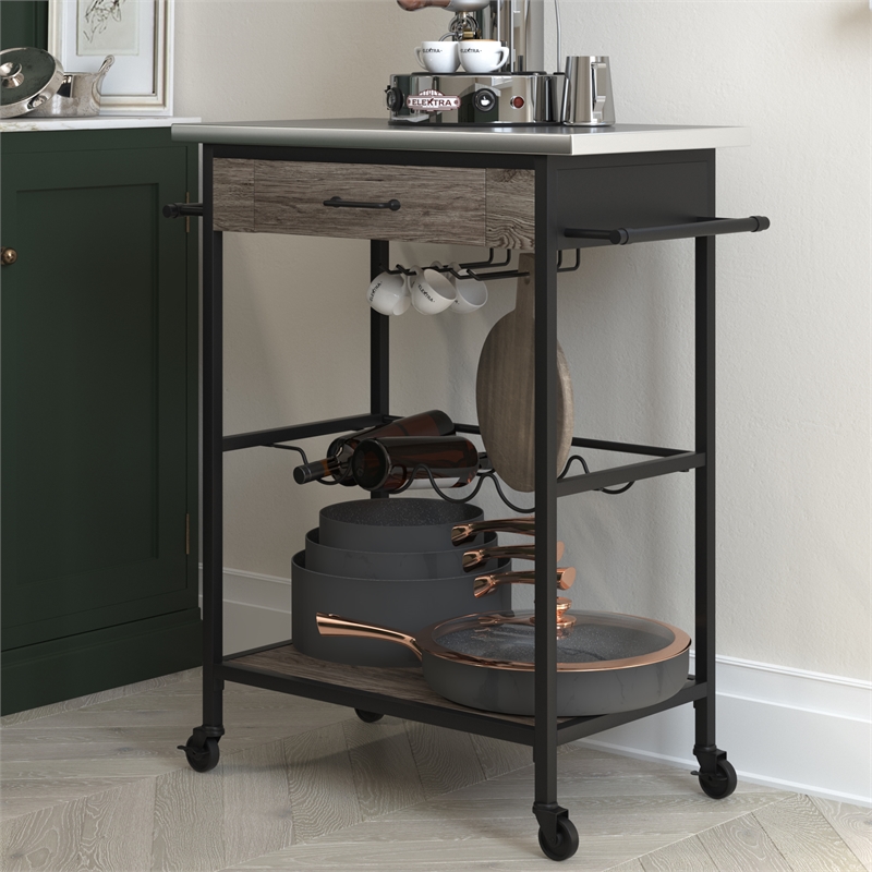 Novogratz Nora Multifunctional Kitchen Cart Stainless Steel in Brown
