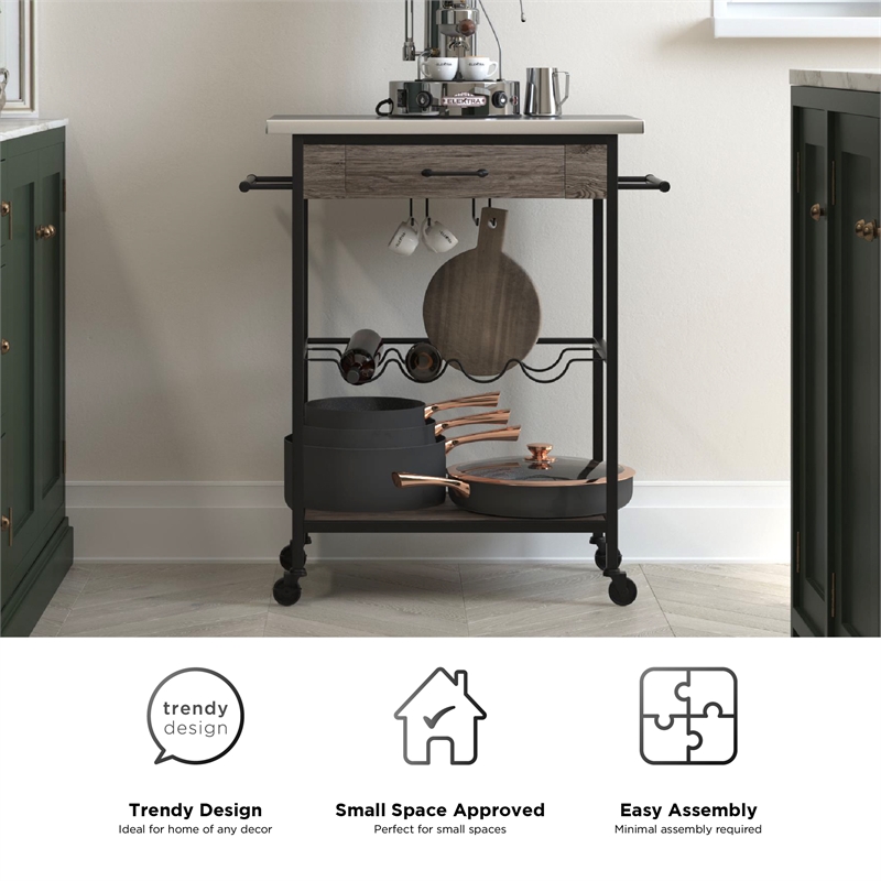 Novogratz Nora Multifunctional Kitchen Cart Stainless Steel in Brown