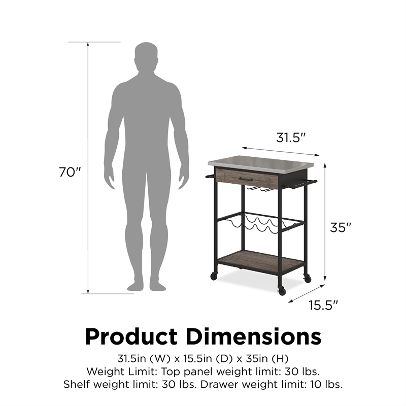 Novogratz Nora Multifunctional Kitchen Cart Stainless Steel in Brown