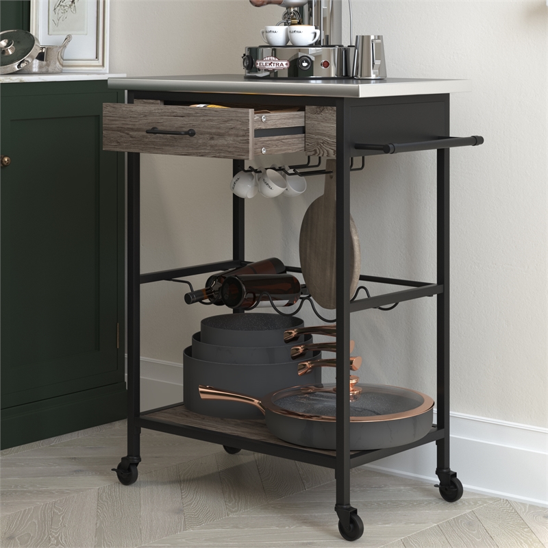 Novogratz Nora Multifunctional Kitchen Cart Stainless Steel in Brown