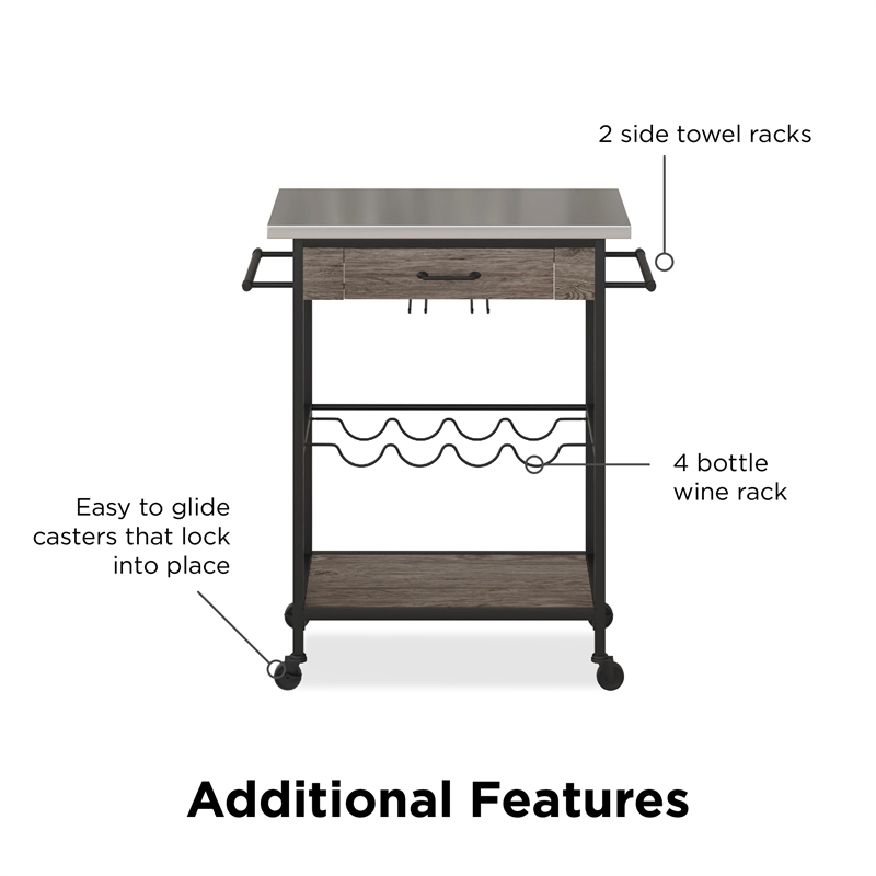 Novogratz Nora Multifunctional Kitchen Cart Stainless Steel in Brown