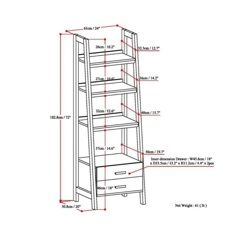 Simpli Home Sawhorse 4 Shelf Ladder Bookcase in Medium Saddle Brown