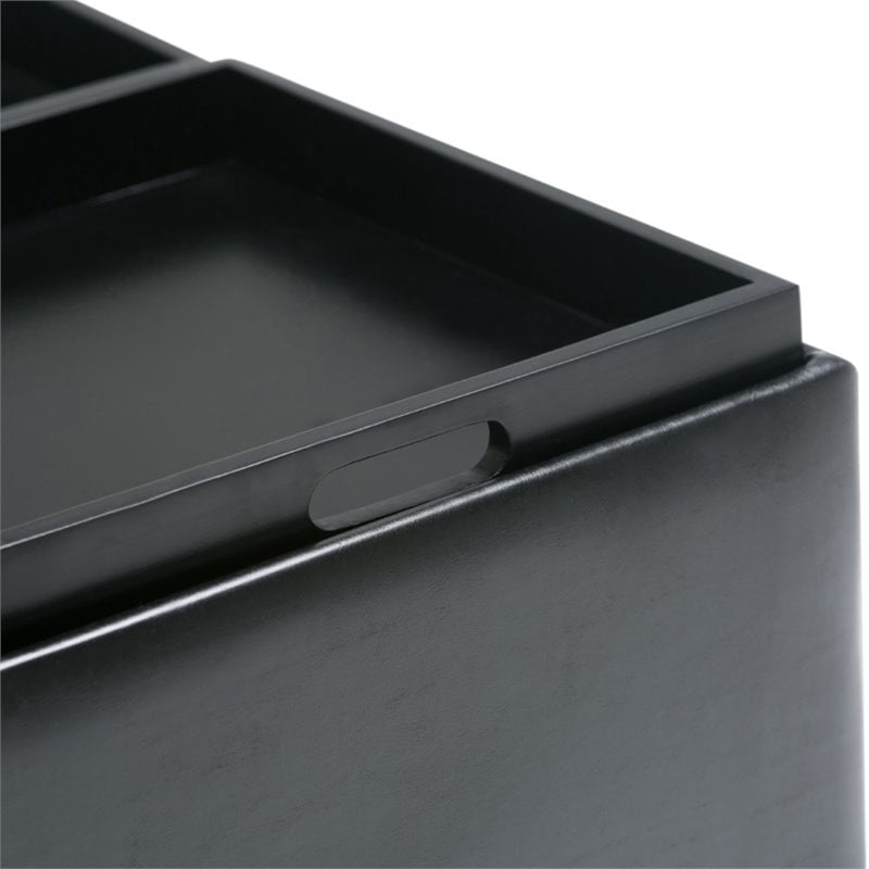 Simpli Home Avalon Faux Leather Coffee Table Storage Ottoman in Midnight Black
