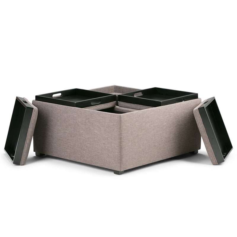 Simpli Home Avalon Upholstered Storage Ottoman w/4-Flip Over Trays in Fawn Brown