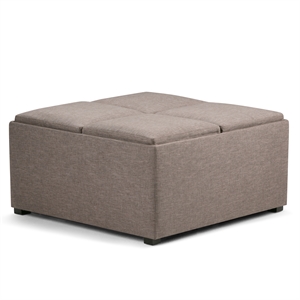Simpli Home Avalon Upholstered Storage Ottoman w/4-Flip Over Trays in Fawn Brown