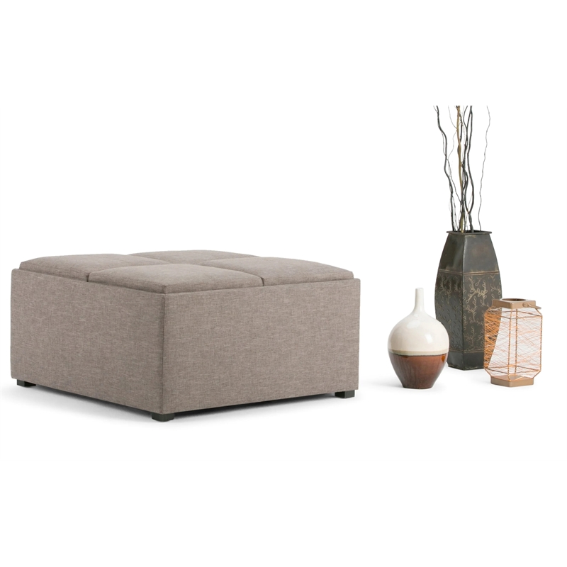 Simpli Home Avalon Upholstered Storage Ottoman w/4-Flip Over Trays in Fawn Brown