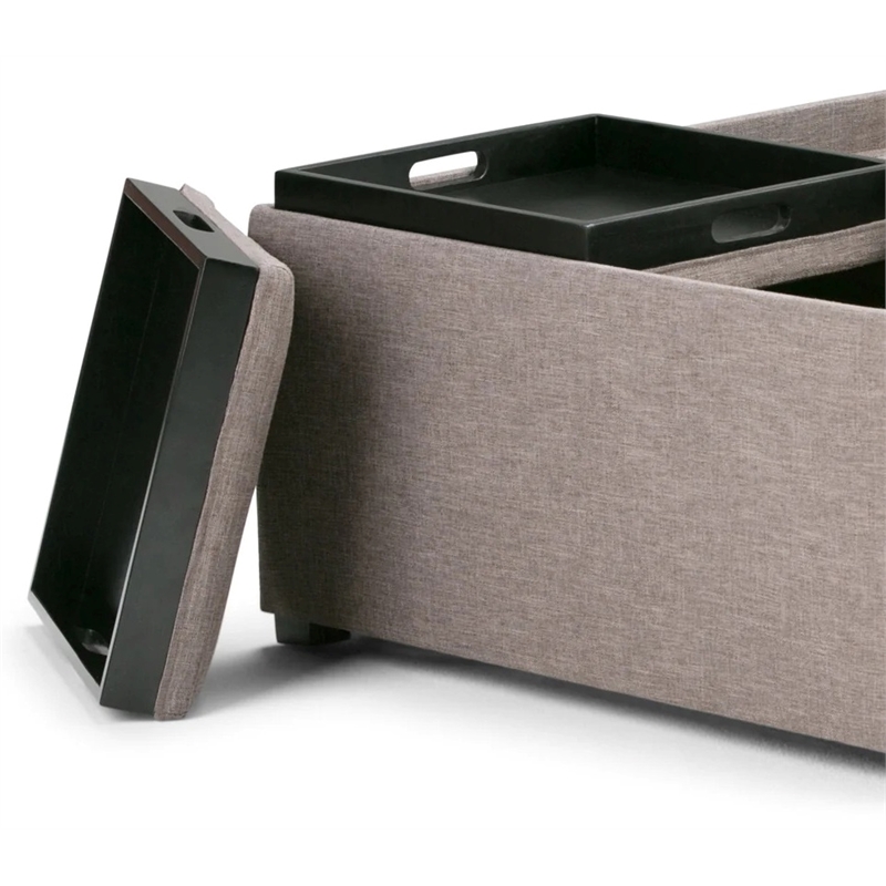 Simpli Home Avalon Upholstered Storage Ottoman w/4-Flip Over Trays in Fawn Brown