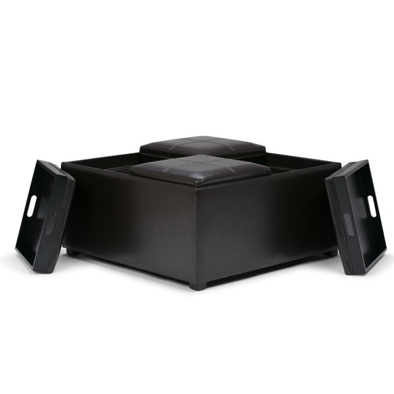 Simpli Home Avalon Faux Leather Coffee Table Storage Ottoman in Tanners Brown