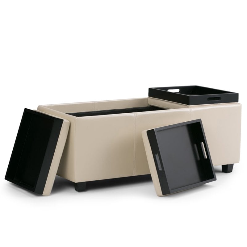 Simpli Home Avalon Faux Leather Storage Bench in Satin Cream