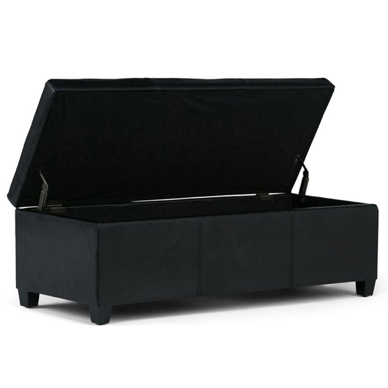 Simpli Home Avalon Faux Leather Storage Bench in Midnight Black