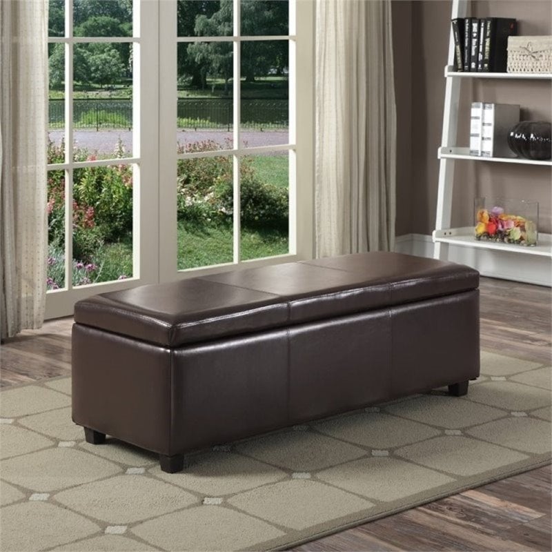 simpli home avalon faux leather storage bench in tanners brown