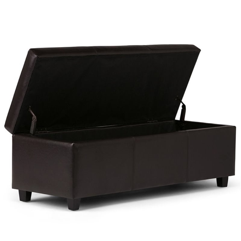 simpli home avalon faux leather storage bench in tanners brown