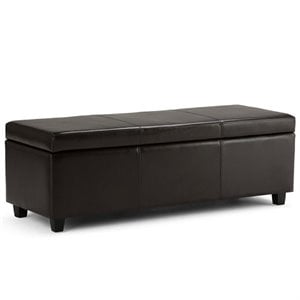 simpli home avalon faux leather storage bench in tanners brown