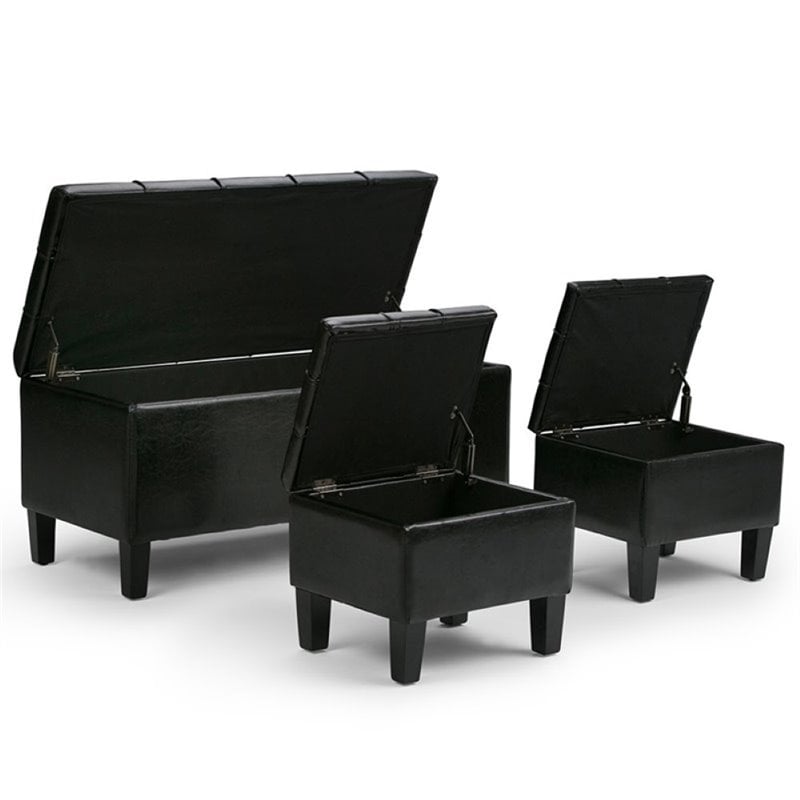 Simpli Home Dover Faux Leather 3 Piece Storage Ottoman in Black