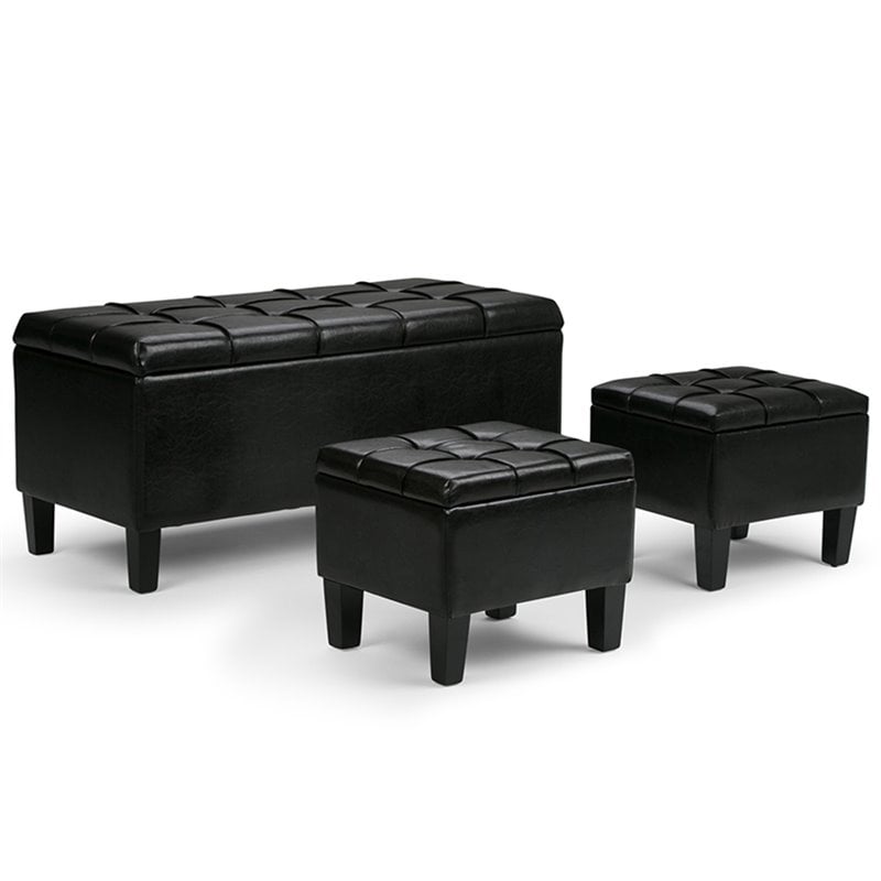 Simpli Home Dover Faux Leather 3 Piece Storage Ottoman in Black