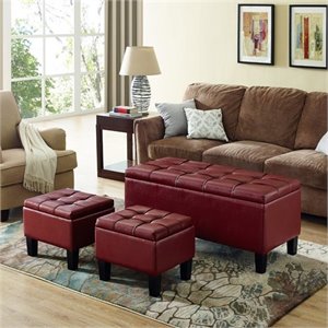 3 Piece Faux Leather Storage Ottoman in Red