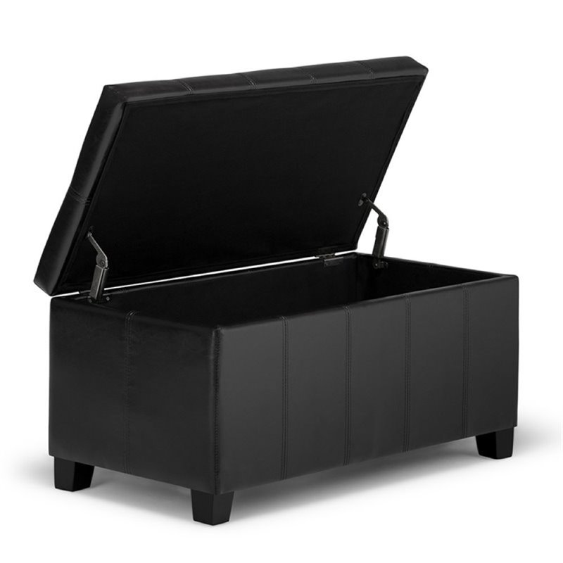 simpli home dover faux leather storage bench in black