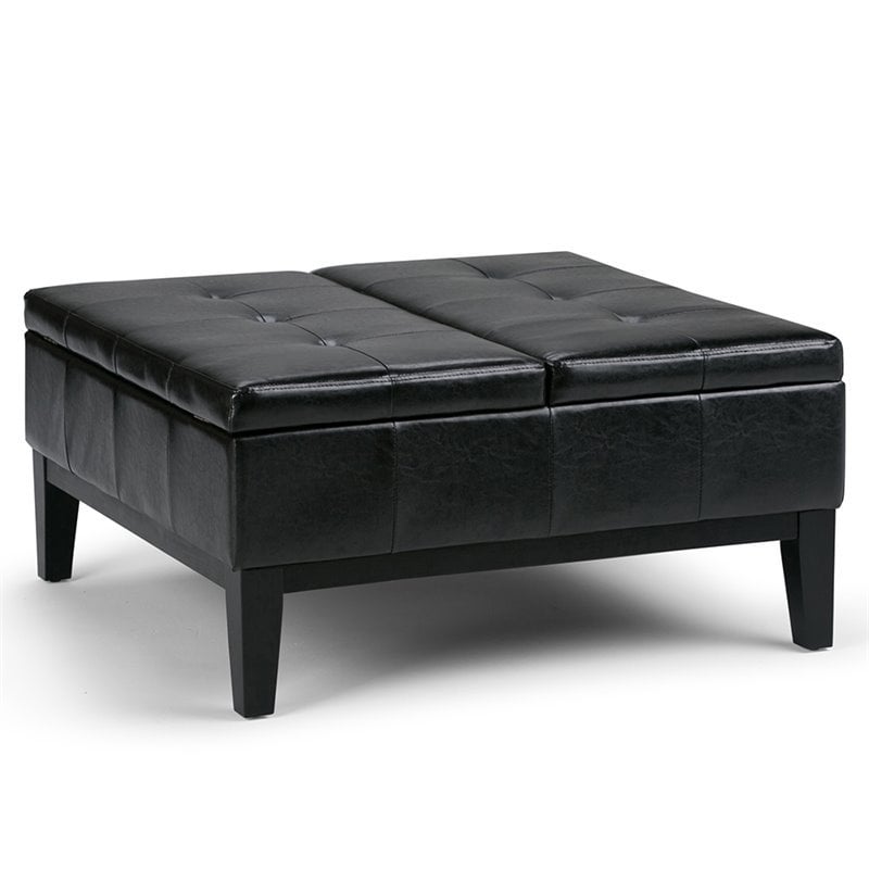 Simpli Home Dover Faux Leather Coffee, Leather Coffee Table Storage Ottoman